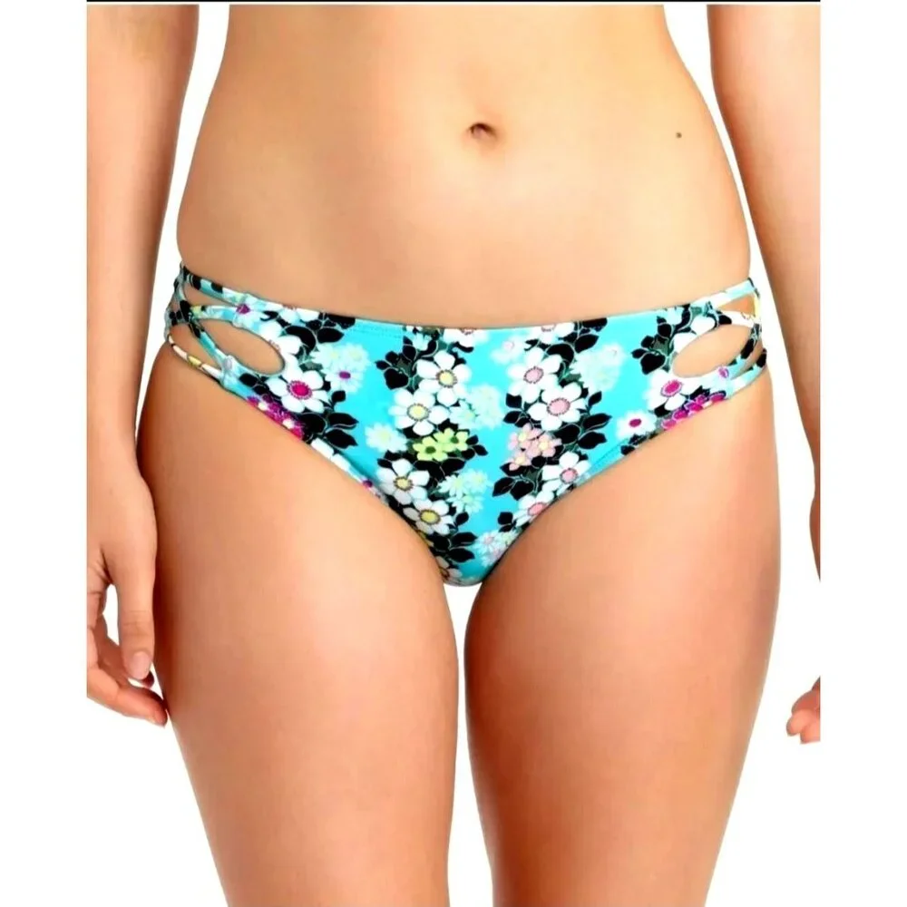 California Waves XS Bikini Bottom Strappy Hipster Cutout side Colorful Floral